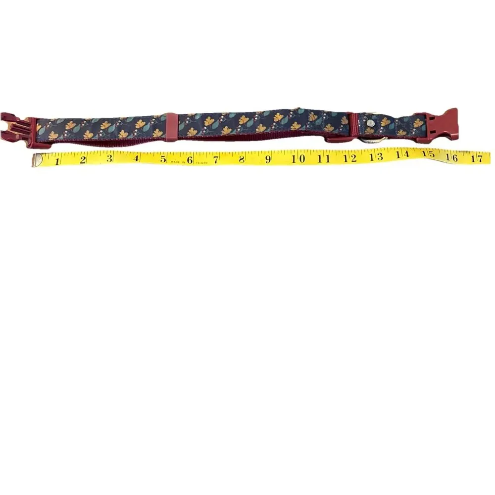 Large Dog Collar Blue Nylon Leaf Print 16”-22” Plastic Clasp Metal D-ring
